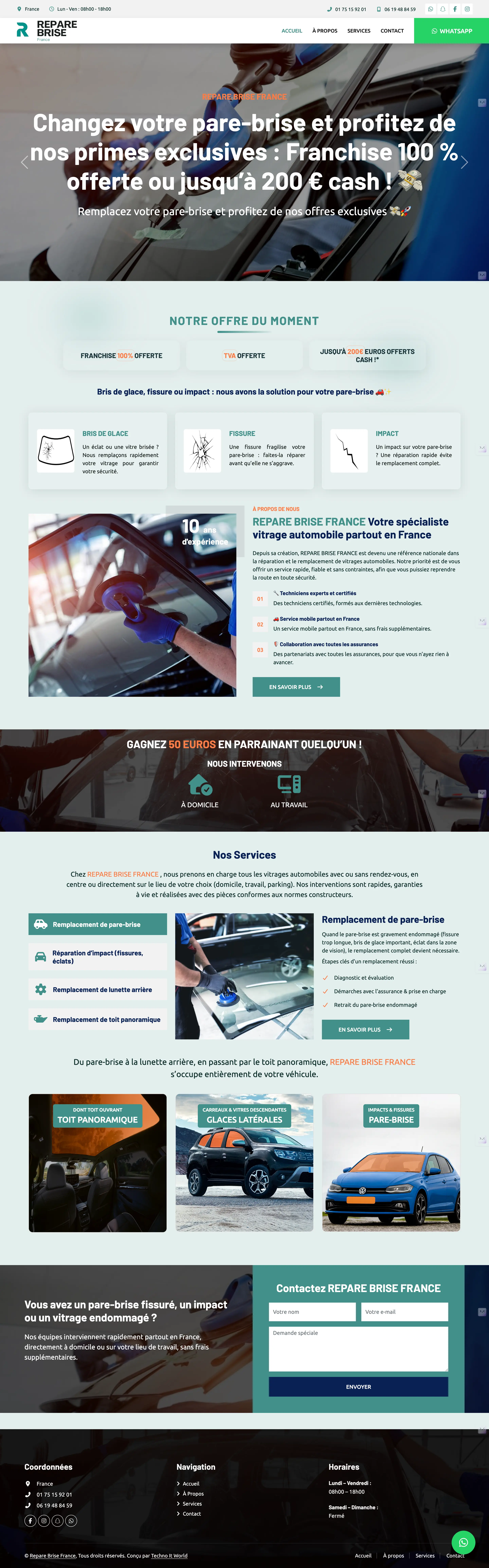 Page d’accueil du site Repare Brise France pour remplacement de pare-brise